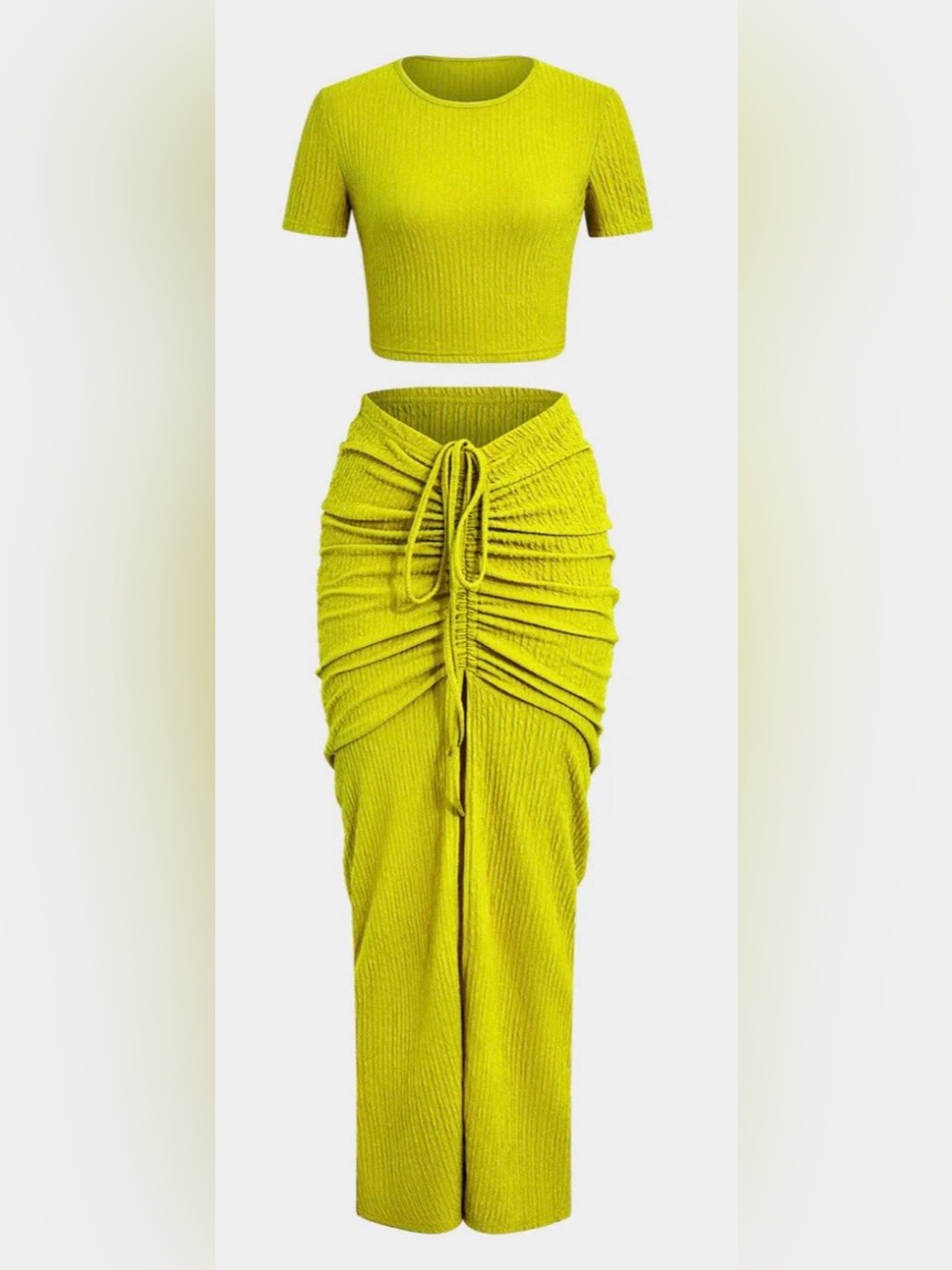 Textured Crop Top And Drawstring Ruched Skirt Set Color: Green